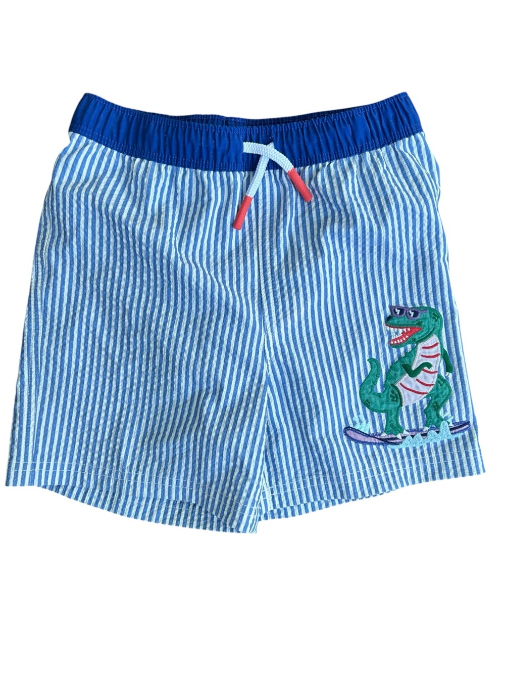 Mini Boden Seersucker Striped Blue Swim Trunks With Surfing Dinosaur Sz 5-6‎